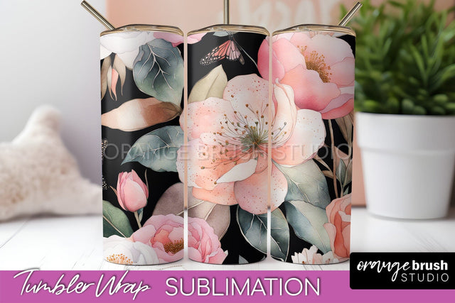 Floral Tumbler Wrap - Pink Flowers Watercolor Tumbler PNG Sublimation OrangeBrushStudio 