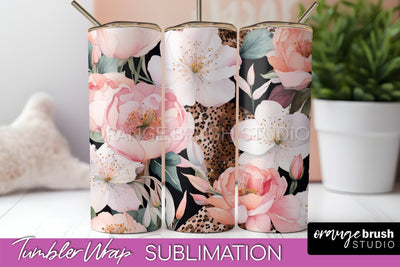 Floral Tumbler Wrap - Pink Flowers Watercolor Tumbler PNG Sublimation OrangeBrushStudio 