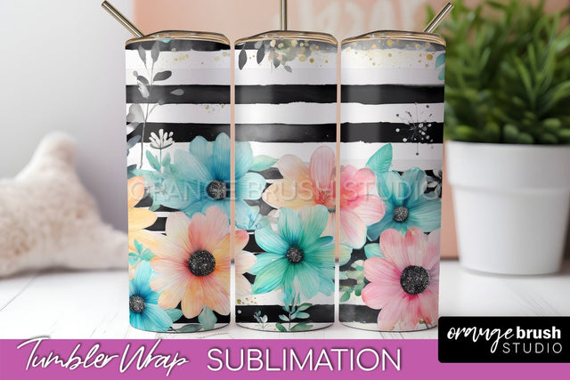 Floral Tumbler Wrap - Pink Flowers Watercolor Tumbler PNG Sublimation OrangeBrushStudio 