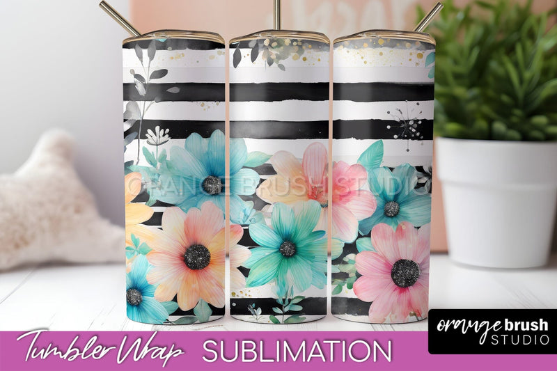 Floral Tumbler Wrap - Pink Flowers Watercolor Tumbler PNG Sublimation OrangeBrushStudio 