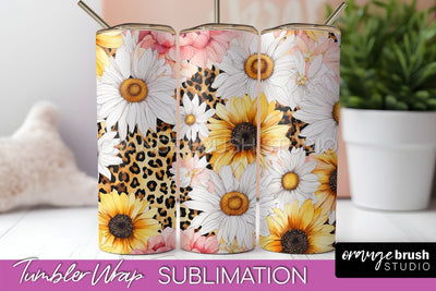 Floral Tumbler Wrap - Pink Flowers Watercolor Tumbler PNG Sublimation OrangeBrushStudio 