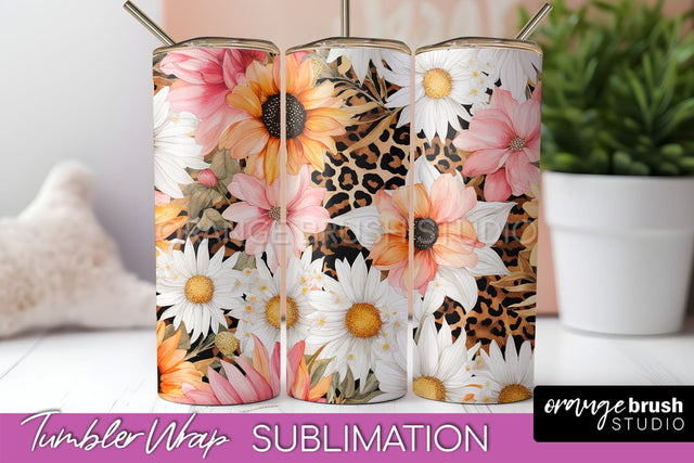 Floral Tumbler Wrap - Pink Flowers Watercolor Tumbler PNG Sublimation OrangeBrushStudio 