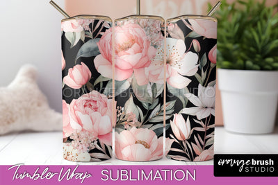 Floral Tumbler Wrap - Pink Flowers Watercolor Tumbler PNG Sublimation OrangeBrushStudio 
