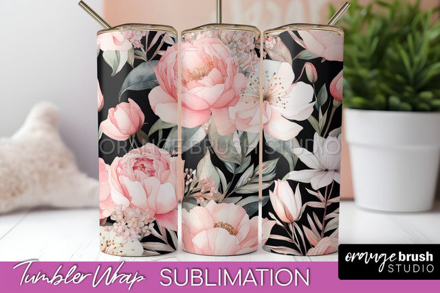 Floral Tumbler Wrap - Pink Flowers Watercolor Tumbler PNG Sublimation OrangeBrushStudio 