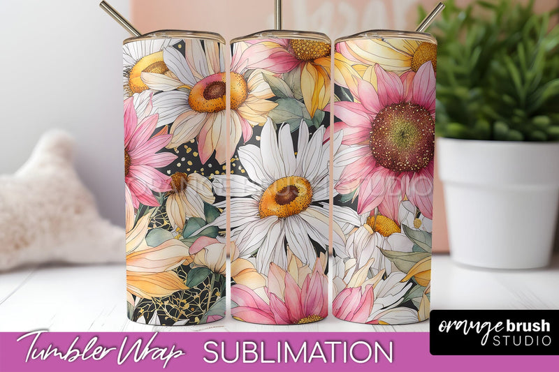 Floral Tumbler Wrap - Pink Flowers Watercolor Tumbler PNG Sublimation OrangeBrushStudio 
