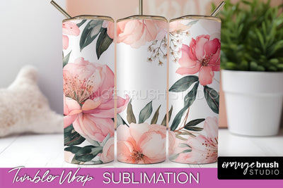 Floral Tumbler Wrap - Pink Flowers Watercolor Tumbler PNG Sublimation OrangeBrushStudio 