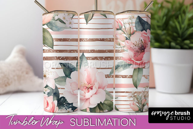 Floral Tumbler Wrap - Pink Flowers Watercolor Tumbler PNG Sublimation OrangeBrushStudio 