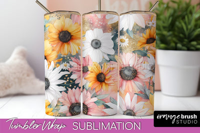 Floral Tumbler Wrap - Pink Flowers Watercolor Tumbler PNG Sublimation OrangeBrushStudio 