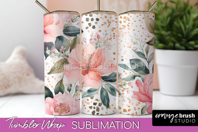 Floral Tumbler Wrap - Pink Flowers Watercolor Tumbler PNG Sublimation OrangeBrushStudio 