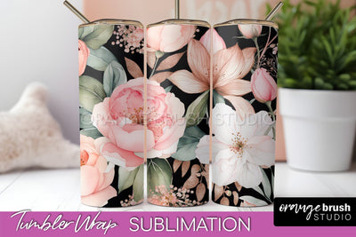 Floral Tumbler Wrap - Pink Flowers Watercolor Tumbler PNG Sublimation OrangeBrushStudio 