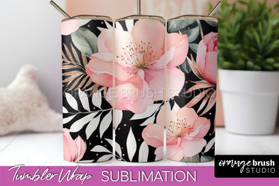 Floral Tumbler Wrap - Pink Flowers Watercolor Tumbler PNG Sublimation OrangeBrushStudio 