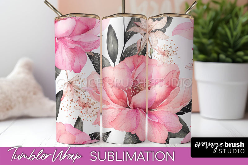 Floral Tumbler Wrap - Pink Flowers Watercolor Tumbler PNG Sublimation OrangeBrushStudio 