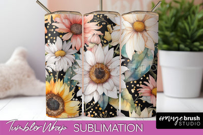 Floral Tumbler Wrap - Pink Flowers Watercolor Tumbler PNG Sublimation OrangeBrushStudio 