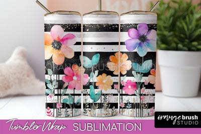 Floral Tumbler Wrap - Pink Flowers Watercolor Tumbler PNG Sublimation OrangeBrushStudio 