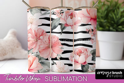 Floral Tumbler Wrap - Pink Flowers Watercolor Tumbler PNG Sublimation OrangeBrushStudio 