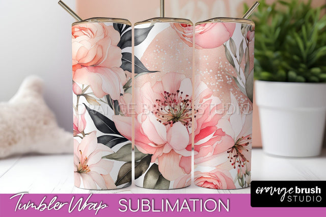 Floral Tumbler Wrap - Pink Flowers Watercolor Tumbler PNG Sublimation OrangeBrushStudio 