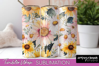Floral Tumbler Wrap - Pink Flowers Watercolor Tumbler PNG Sublimation OrangeBrushStudio 