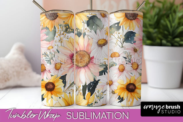 Floral Tumbler Wrap - Pink Flowers Watercolor Tumbler PNG Sublimation OrangeBrushStudio 