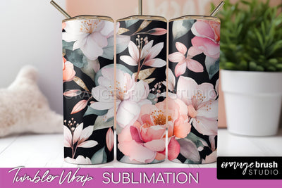 Floral Tumbler Wrap - Pink Flowers Watercolor Tumbler PNG Sublimation OrangeBrushStudio 