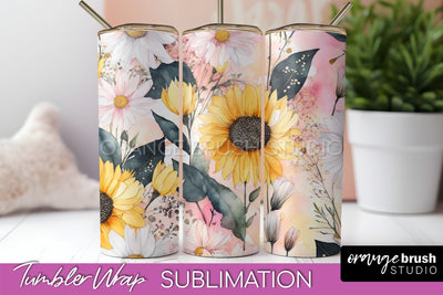 Floral Tumbler Wrap - Pink Flowers Watercolor Tumbler PNG Sublimation OrangeBrushStudio 