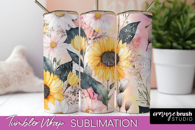 Floral Tumbler Wrap - Pink Flowers Watercolor Tumbler PNG Sublimation OrangeBrushStudio 