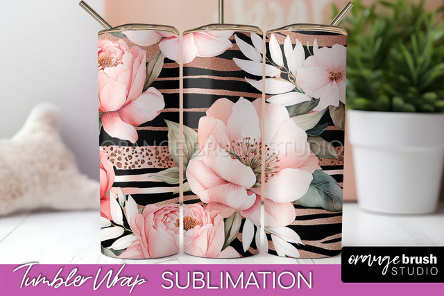 Floral Tumbler Wrap - Pink Flowers Watercolor Tumbler PNG Sublimation OrangeBrushStudio 