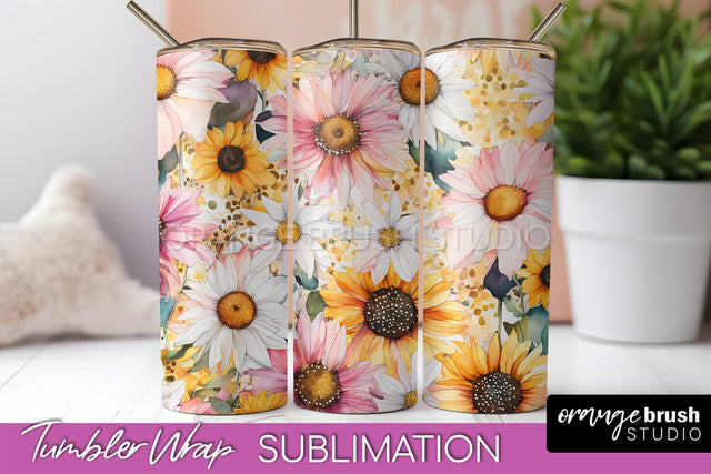 Floral Tumbler Wrap - Pink Flowers Watercolor Tumbler PNG Sublimation OrangeBrushStudio 