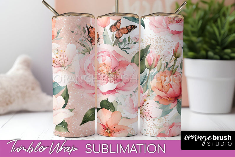 Floral Tumbler Wrap - Pink Flowers Watercolor Tumbler PNG Sublimation OrangeBrushStudio 