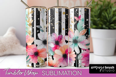 Floral Tumbler Wrap - Pink Flowers Watercolor Tumbler PNG Sublimation OrangeBrushStudio 