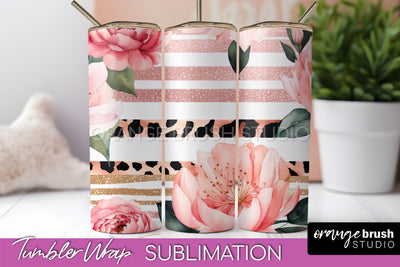 Floral Tumbler Wrap - Pink Flowers Watercolor Tumbler PNG Sublimation OrangeBrushStudio 