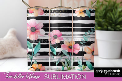 Floral Tumbler Wrap - Pink Flowers Watercolor Tumbler PNG Sublimation OrangeBrushStudio 