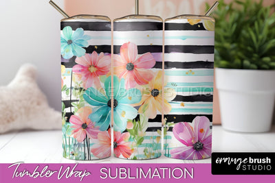Floral Tumbler Wrap - Pink Flowers Watercolor Tumbler PNG Sublimation OrangeBrushStudio 