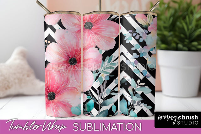 Floral Tumbler Wrap - Pink Flowers Watercolor Tumbler PNG Sublimation OrangeBrushStudio 