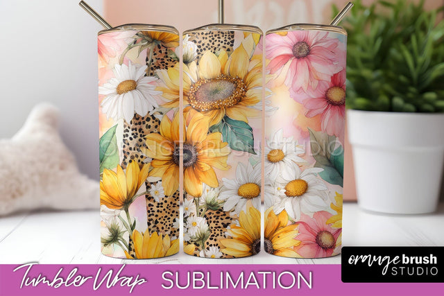 Floral Tumbler Wrap - Pink Flowers Watercolor Tumbler PNG Sublimation OrangeBrushStudio 