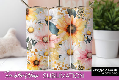 Floral Tumbler Wrap - Pink Flowers Watercolor Tumbler PNG Sublimation OrangeBrushStudio 
