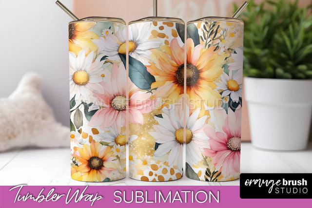 Floral Tumbler Wrap - Pink Flowers Watercolor Tumbler PNG Sublimation OrangeBrushStudio 