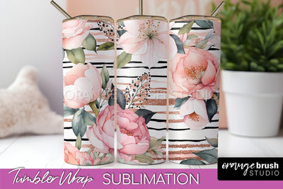 Floral Tumbler Wrap - Pink Flowers Watercolor Tumbler PNG Sublimation OrangeBrushStudio 