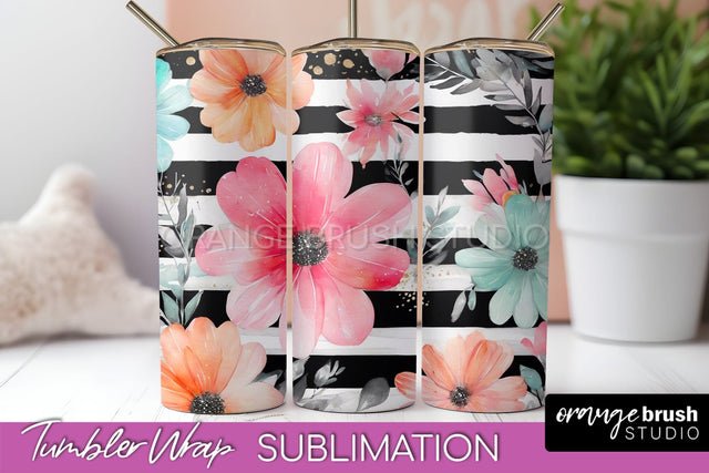 Floral Tumbler Wrap - Pink Flowers Watercolor Tumbler PNG Sublimation OrangeBrushStudio 