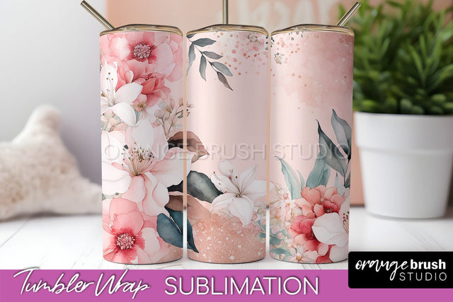 Floral Tumbler Wrap - Pink Flowers Watercolor Tumbler PNG Sublimation OrangeBrushStudio 
