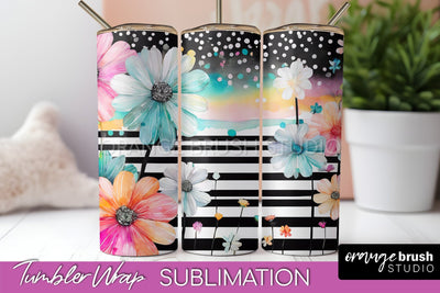 Floral Tumbler Wrap - Pink Flowers Watercolor Tumbler PNG Sublimation OrangeBrushStudio 