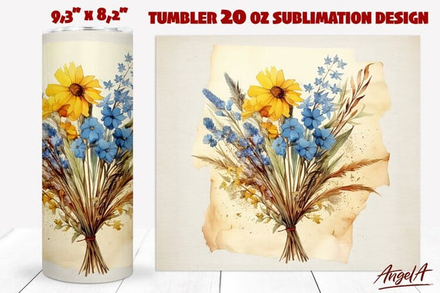Floral tumbler wrap / yellow blue wildflower tumbler wrap Sublimation Angelina Semenova 