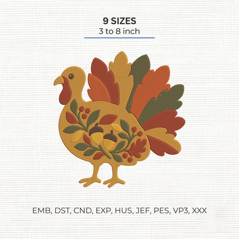 Floral Turkey Embroidery Design – Thanksgiving Fall Turkey Autumn Leaves Acorn Machine Embroidery File Embroidery/Applique DESIGNS PatternFeed8 