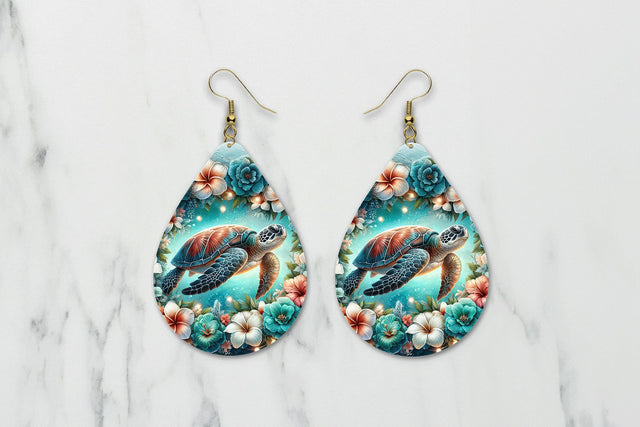 Floral Turtle Teardrop Earring Sublimation PNG Sublimation BijouBay 