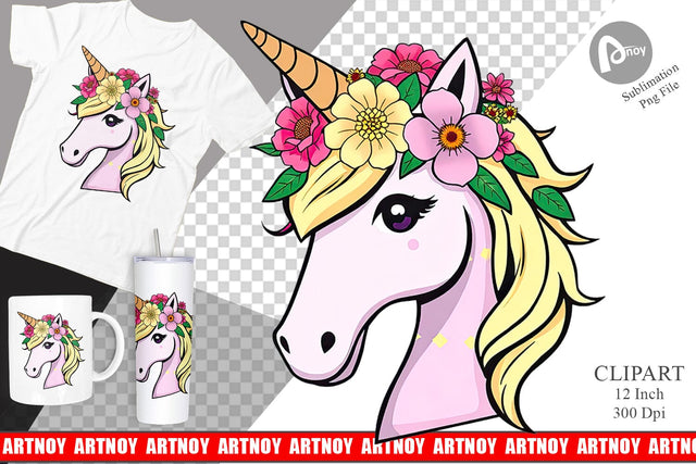Floral Unicorn Clipart Sublimation artnoy 