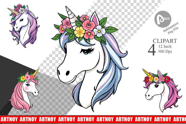 Floral Unicorn Clipart Sublimation artnoy 