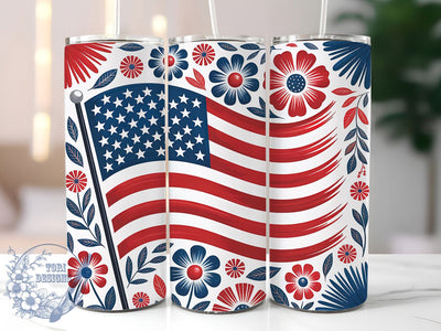 Floral USA Flag 20oz Tumbler, Patriotic Flower Art, Sublimation Tumbler Wrap, 20oz Tumbler, USA Flag Floral, Independence Day Gift, Red White Blue Theme Sublimation ToriDesigns 