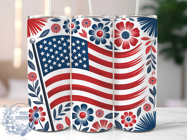 Floral USA Flag 20oz Tumbler, Patriotic Flower Art, Sublimation Tumbler Wrap, 20oz Tumbler, USA Flag Floral, Independence Day Gift, Red White Blue Theme Sublimation ToriDesigns 