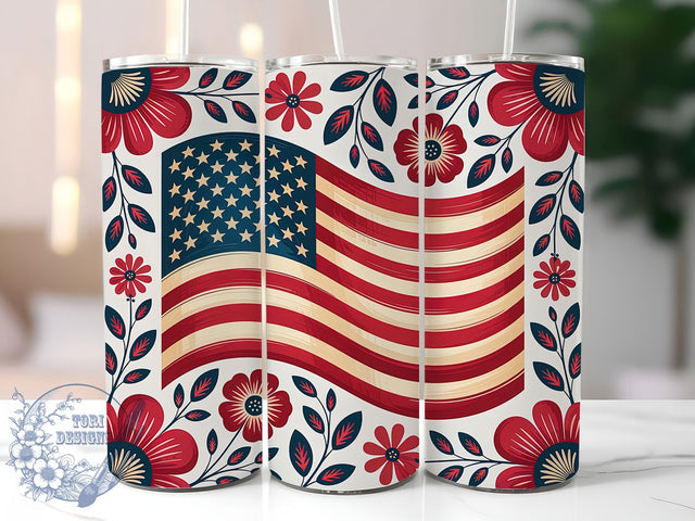 Floral USA Flag 20oz Tumbler, Patriotic Flower Art, Sublimation Tumbler Wrap, 20oz Tumbler, USA Flag Floral, Independence Day Gift, Red White Blue Theme Sublimation ToriDesigns 