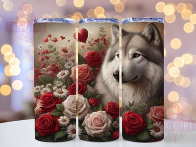 Floral Valentine Wolf Tumbler, Floral Wolf Wrap, Romantic Animal Cup, 20oz Sublimation Wrap, Stylish Valentine Design Tumbler, Artistic Wolf Heart Cup, Love Nature Theme Wrap Sublimation SvggirlplusArt 
