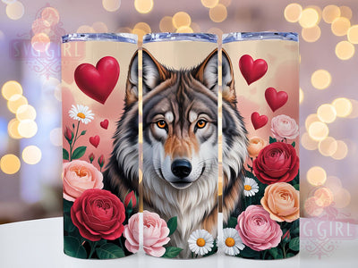 Floral Valentine Wolf Tumbler, Floral Wolf Wrap, Romantic Animal Cup, 20oz Sublimation Wrap, Stylish Valentine Design Tumbler, Artistic Wolf Heart Cup, Love Nature Theme Wrap Sublimation SvggirlplusArt 